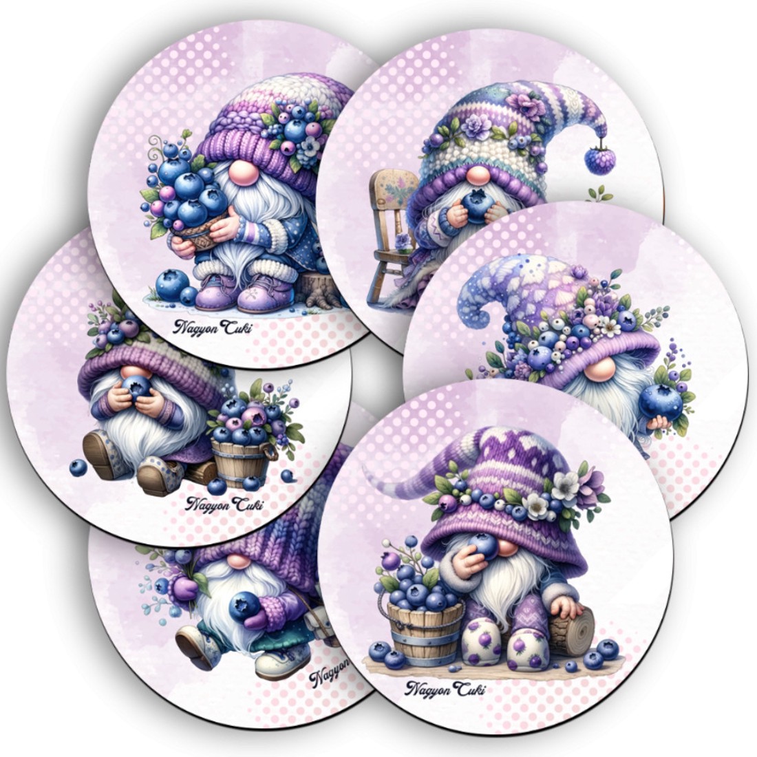 6 db cuki áfonyás manó kör alakú alátét szett (#86) - otthon & életmód - konyhafelszerelés, tálalás - tálalás - tányér- és poháralátét - Meska.hu