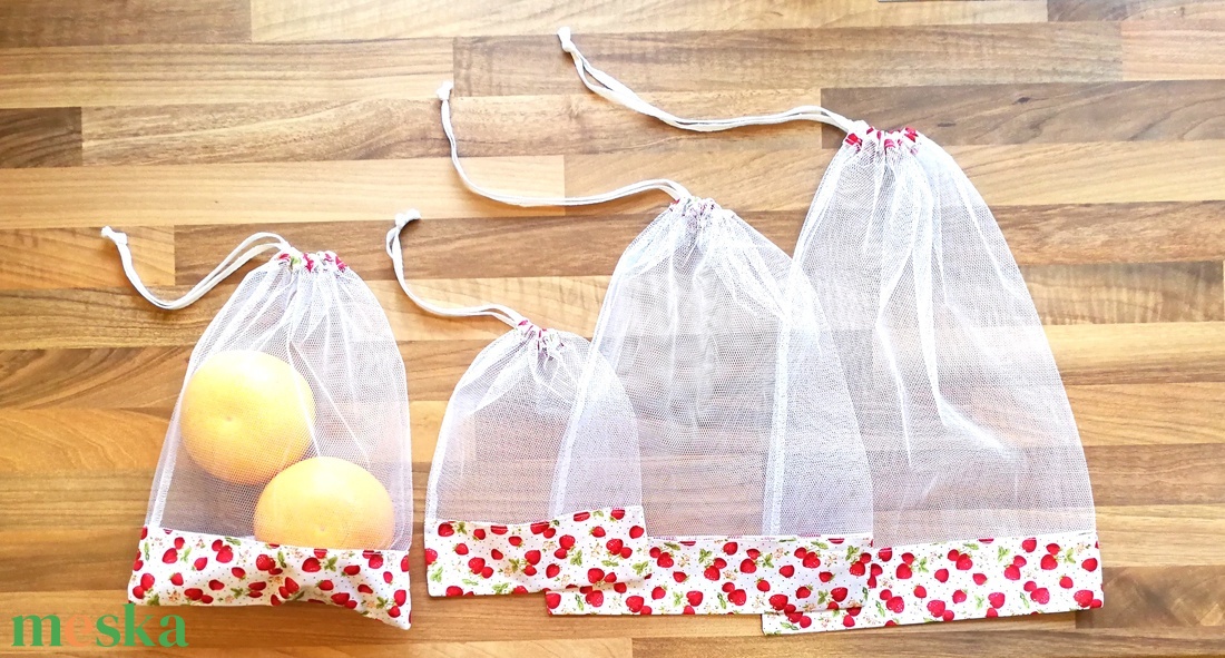 4 db nowaste bevásárló tasak gyümölcsökhöz, zöldségekhez - nowaste bevásárló zsák - eper mintás zsák, tasak - táska & tok - bevásárlás & shopper táska - zöldség/gyümölcs zsák - Meska.hu