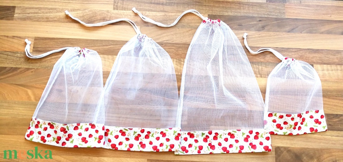 4 db nowaste bevásárló tasak gyümölcsökhöz, zöldségekhez - nowaste bevásárló zsák - eper mintás zsák, tasak - táska & tok - bevásárlás & shopper táska - zöldség/gyümölcs zsák - Meska.hu