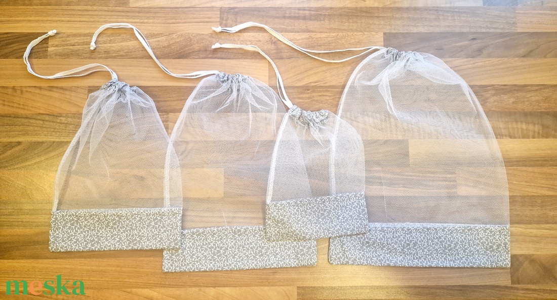 4 db nowaste bevásárló tasak gyümölcsökhöz, zöldségekhez - nowaste bevásárló zsák - szürke leveles mintás zsák, tasak - táska & tok - bevásárlás & shopper táska - zöldség/gyümölcs zsák - Meska.hu