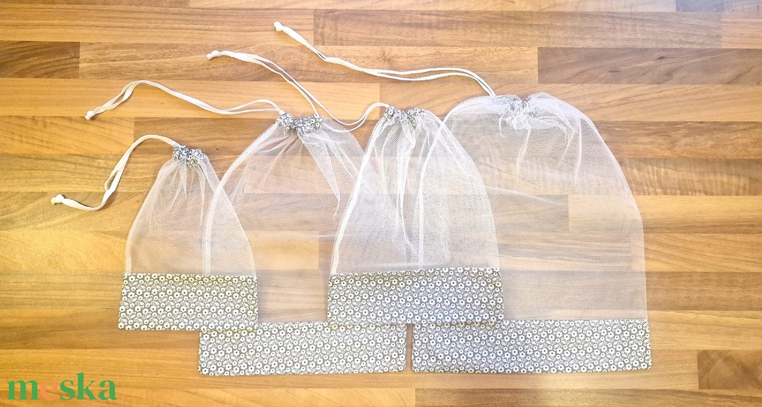 4 db nowaste bevásárló tasak gyümölcsökhöz, zöldségekhez - nowaste bevásárló zsák - szürke virágos mintás zsák, tasak - táska & tok - bevásárlás & shopper táska - zöldség/gyümölcs zsák - Meska.hu