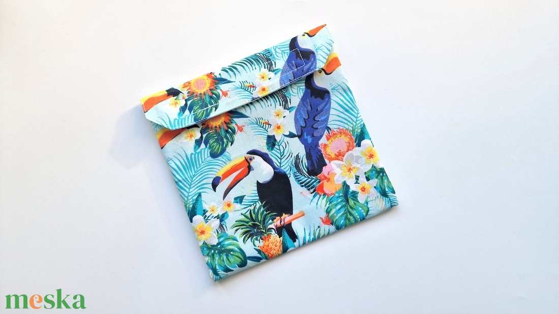 Trópusi virágos, tukán snackbag, tépőzáras uzsitasak, vízhatlan szendvicstartó, uzsonnás tasak, uzsonnás szendvics tartó - táska & tok - uzsonna- & ebéd tartó - szendvics csomagoló - Meska.hu