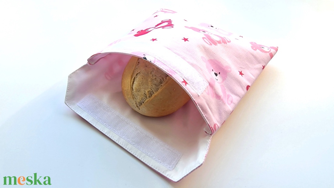 Rózsaszín macis  snackbag, tépőzáras uzsitasak, vízhatlan szendvicstartó, uzsonnás tasak, uzsonnás szendvics tartó - táska & tok - uzsonna- & ebéd tartó - szendvics csomagoló - Meska.hu