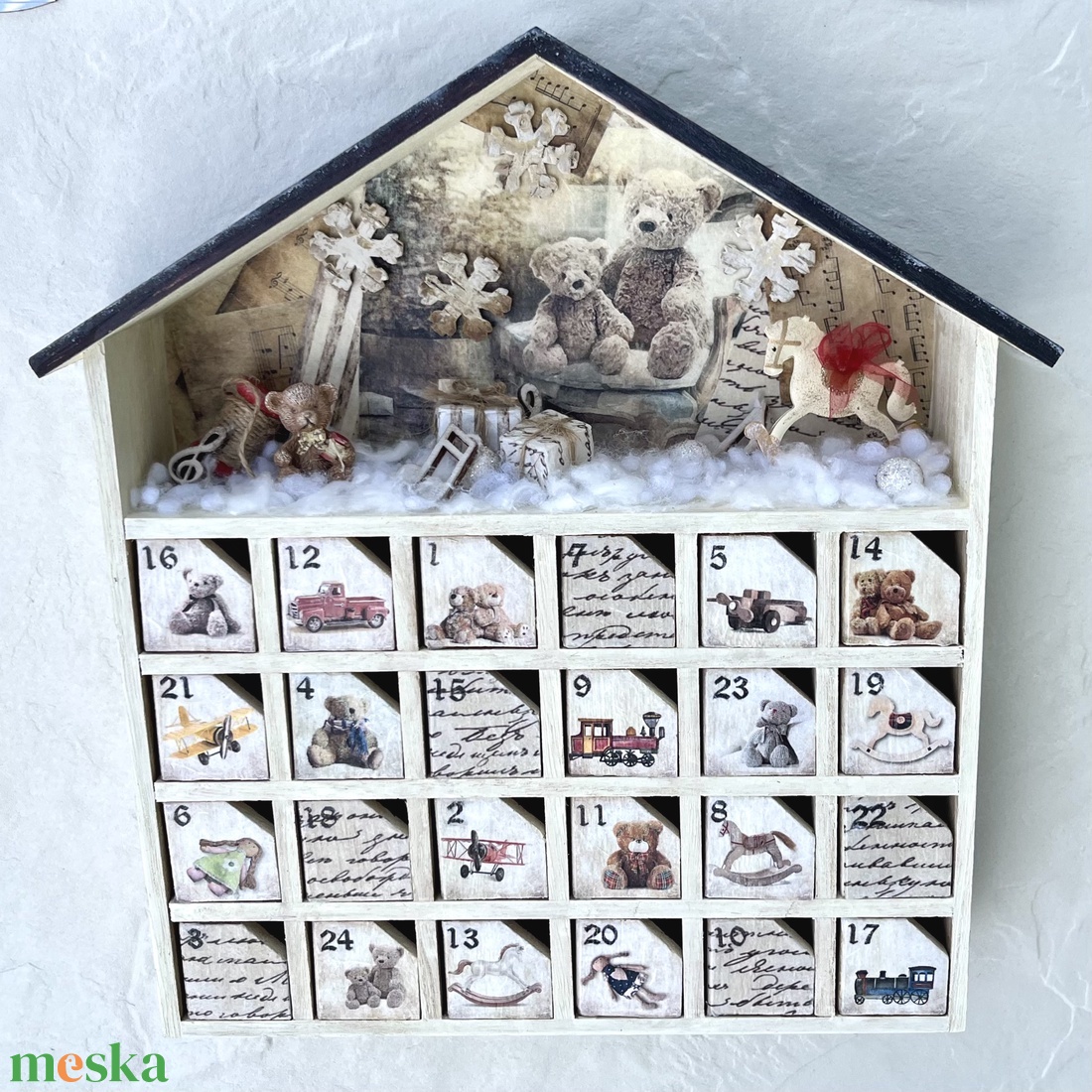 MACKÓ - adventi házikó, fa kalendárium - karácsony - adventi díszek - adventi naptár - Meska.hu
