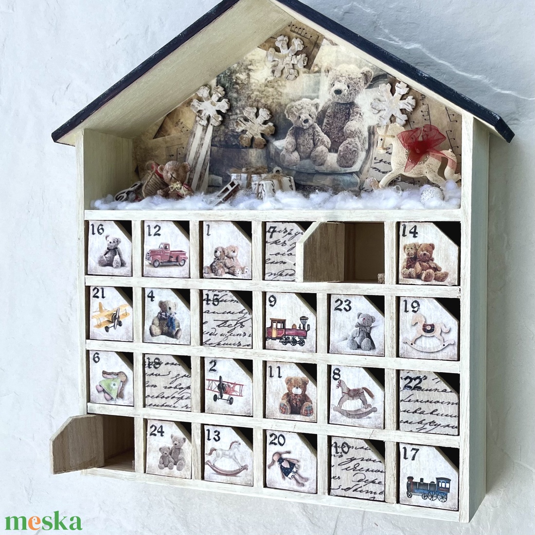 MACKÓ - adventi házikó, fa kalendárium - karácsony - adventi díszek - adventi naptár - Meska.hu