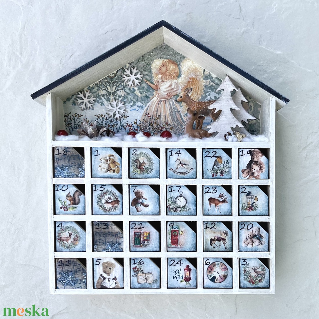 Adventi házikó, naptár - Angyalka őzikével - karácsony - adventi díszek - adventi naptár - Meska.hu