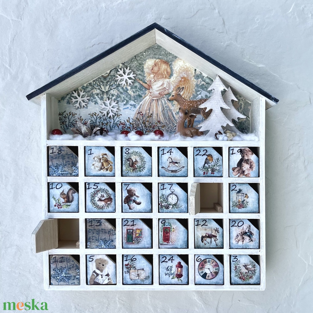 Adventi házikó, naptár - Angyalka őzikével - karácsony - adventi díszek - adventi naptár - Meska.hu