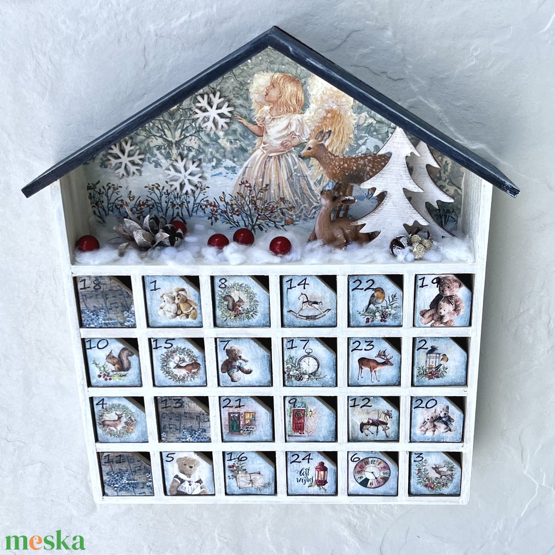Adventi házikó, naptár - Angyalka őzikével - karácsony - adventi díszek - adventi naptár - Meska.hu