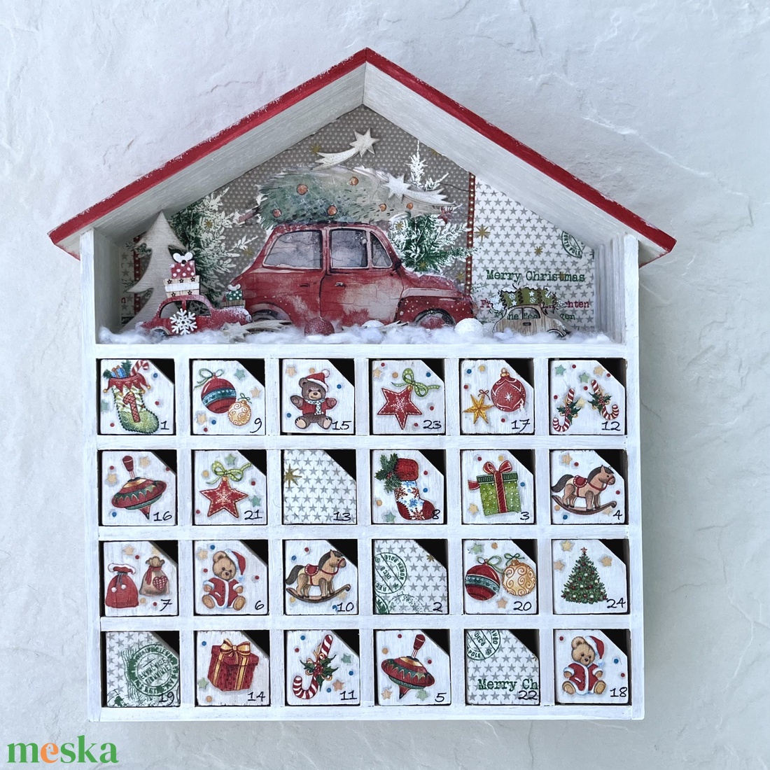 Adventi házikó, fa kalendárium - AUTÓ - karácsony - adventi díszek - adventi naptár - Meska.hu