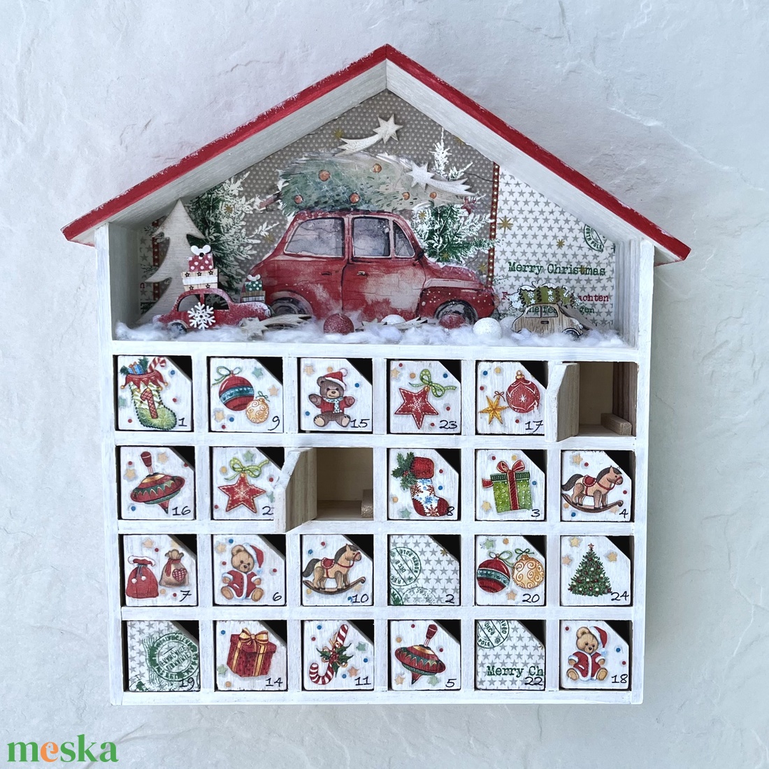 Adventi házikó, fa kalendárium - AUTÓ - karácsony - adventi díszek - adventi naptár - Meska.hu
