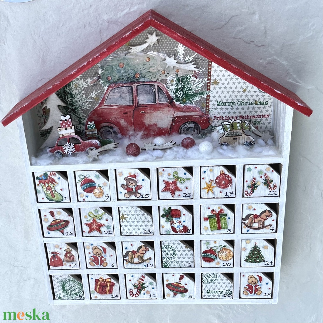 Adventi házikó, fa kalendárium - AUTÓ - karácsony - adventi díszek - adventi naptár - Meska.hu