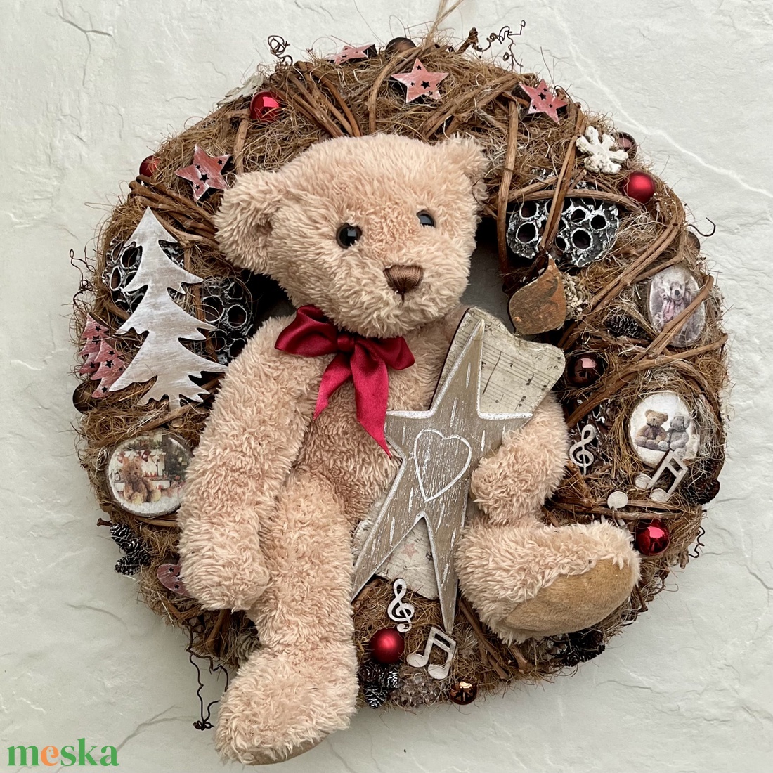 Téli, karácsonyi MACKÓ kopogtató  - karácsony - karácsonyi lakásdekoráció - karácsonyi ajtódíszek - Meska.hu