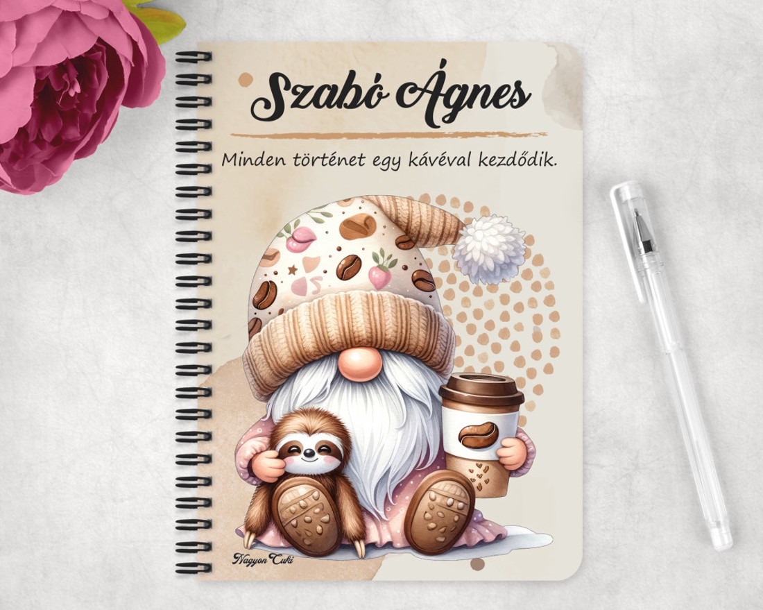 Személyre szabható - Kávés manó cuki lajhárral mintás A6-os füzet - otthon & életmód - papír, írószer - jegyzetfüzet & napló - Meska.hu