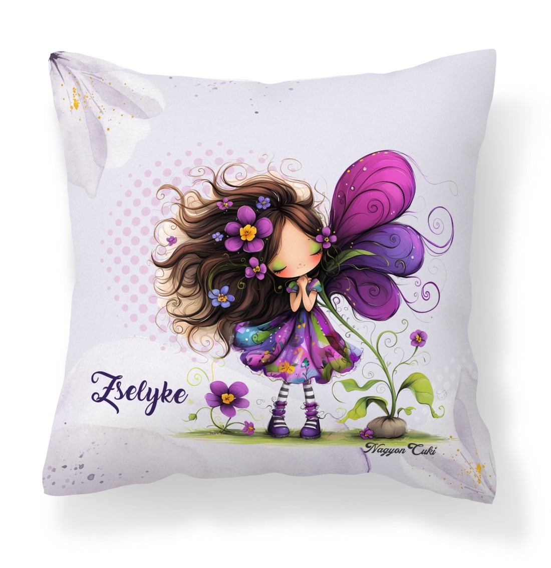 Névvel kérhető - Cuki ibolya virágos tündér mintás párna - otthon & életmód - lakástextil - párna & párnahuzat - díszpárna (belsővel együtt) - Meska.hu