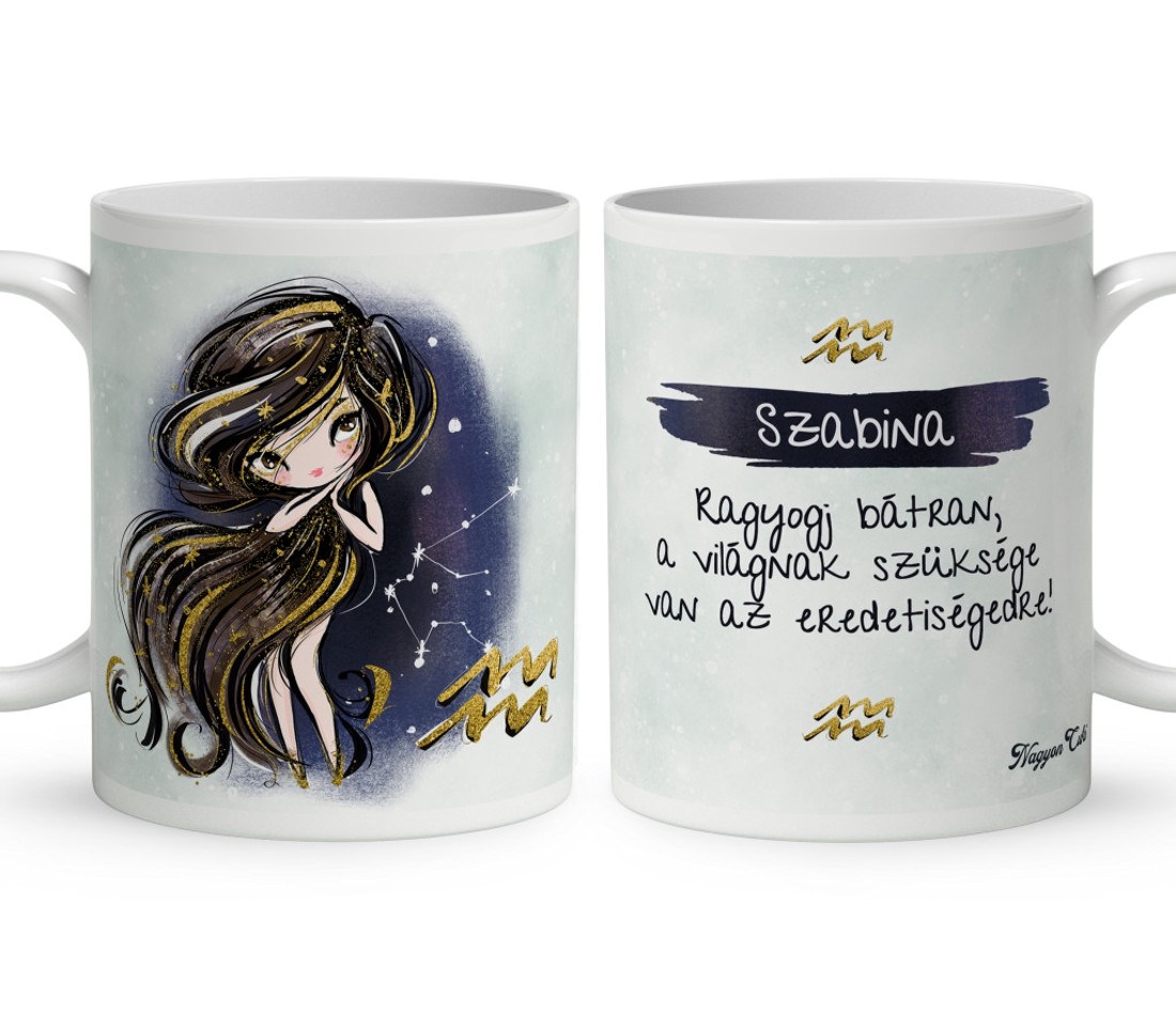 Személyre szabható - Barna hajú Csini Vízöntő lány mintás bögre - otthon & életmód - konyhafelszerelés, tálalás - tálalás - bögre & csésze - Meska.hu