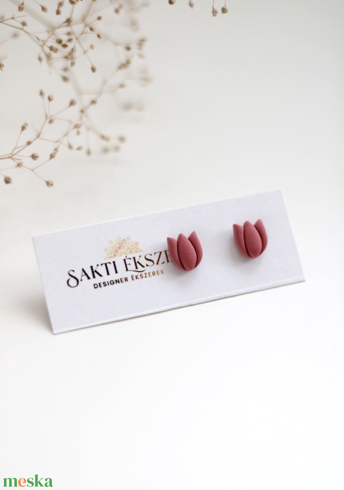 Rózsaszín tulipán gomb fülbevaló - ékszer - fülbevaló - pötty fülbevaló - Meska.hu