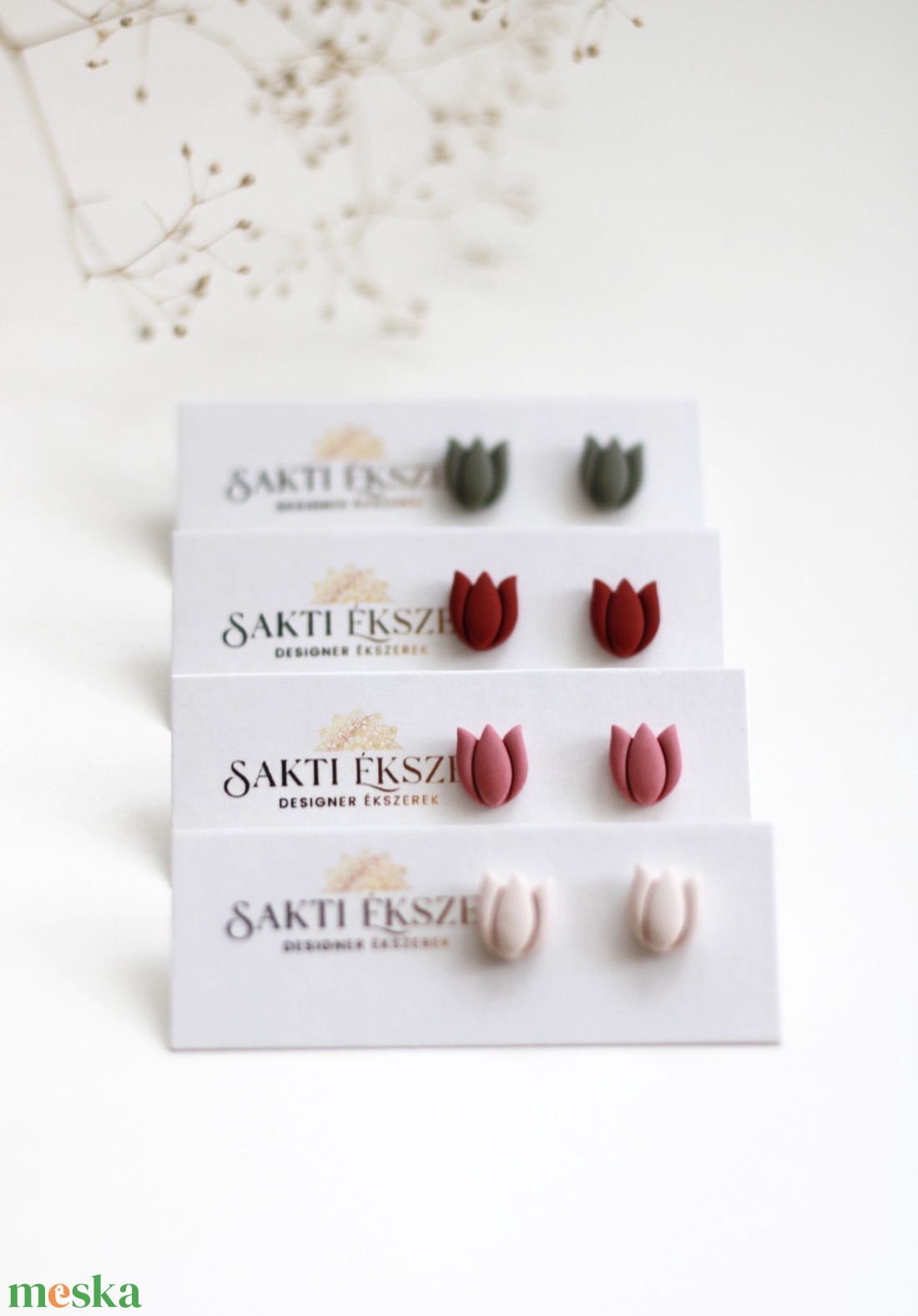 Rózsaszín tulipán gomb fülbevaló - ékszer - fülbevaló - pötty fülbevaló - Meska.hu