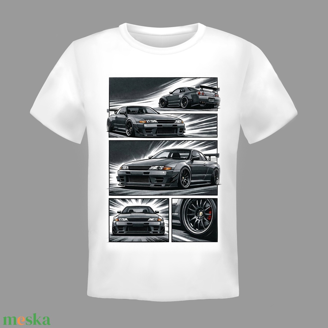 Egyedi nyomtatott Nissan skyline R32-Japán stílusú mangapaneles elrendezésben ábrázolva. - ruha & divat - férfi ruha - póló - Meska.hu