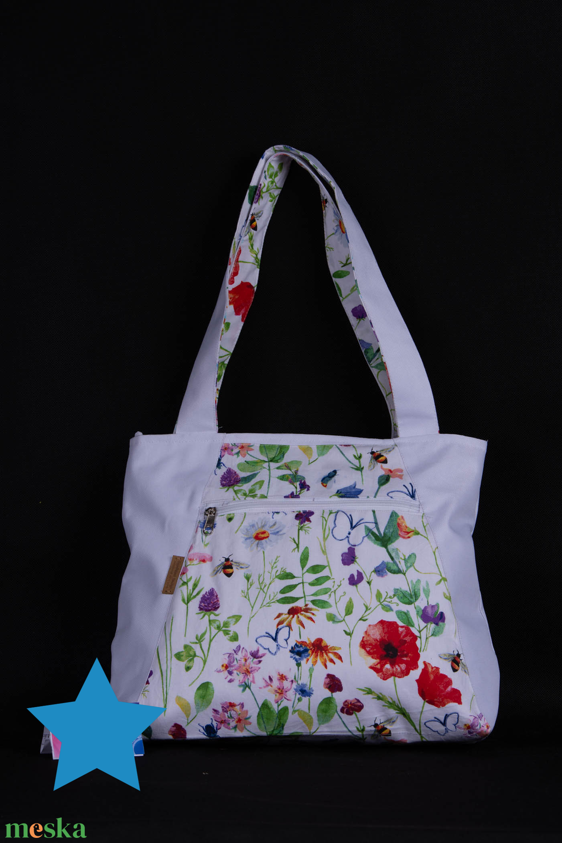 Virágos cordura fehér shopper bag - táska & tok - variálható táska - Meska.hu