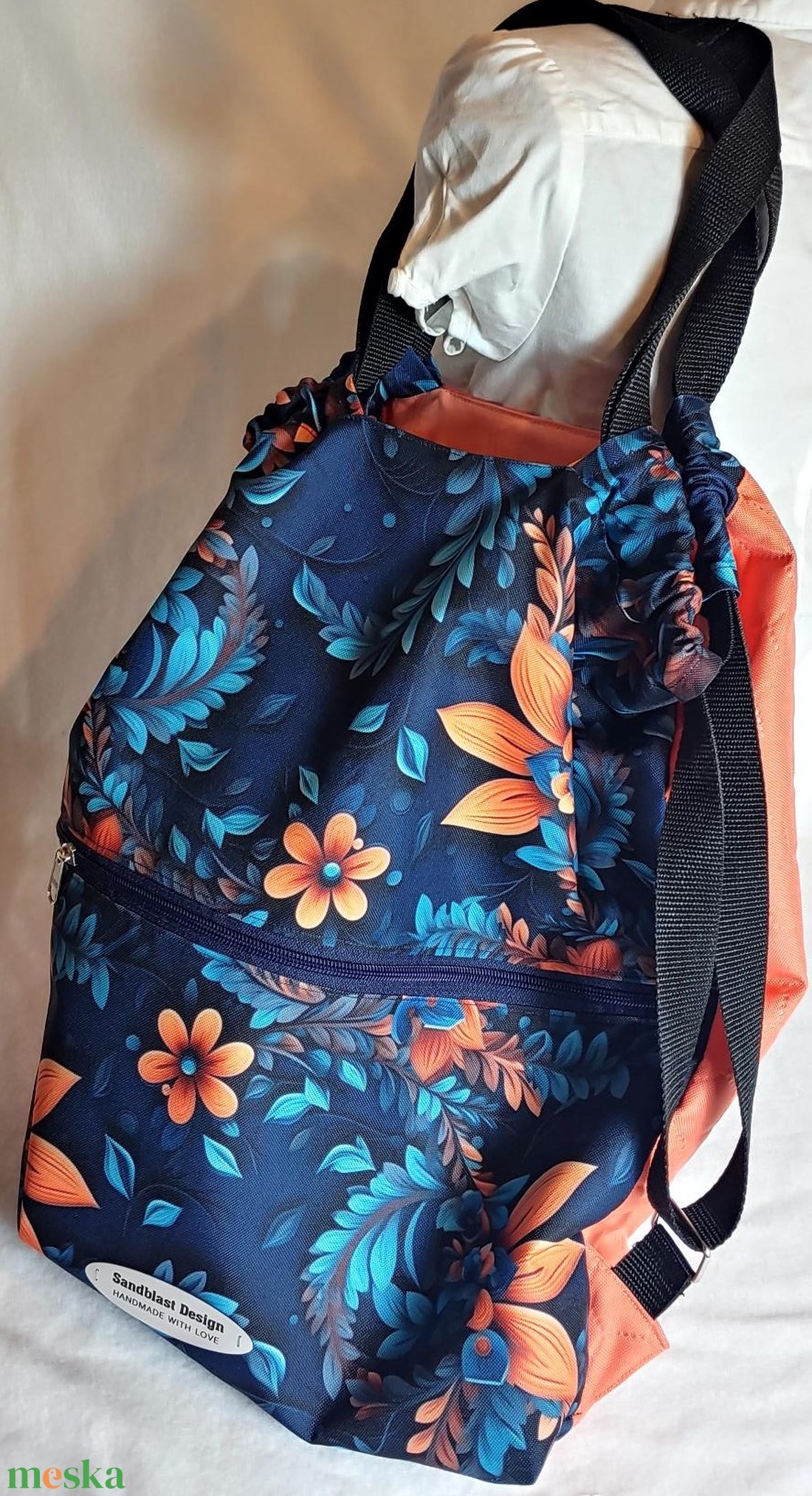 Narancs liliomvirágok-türkizkék pálmalevelek multifunkciós táska - táska & tok - hátizsák - tornazsák, gymbag - Meska.hu