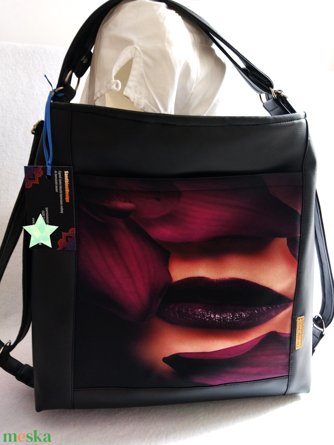 Vagány fekete csajos variálható ökobőr  shopper bag/hátizsák - táska & tok - variálható táska - Meska.hu