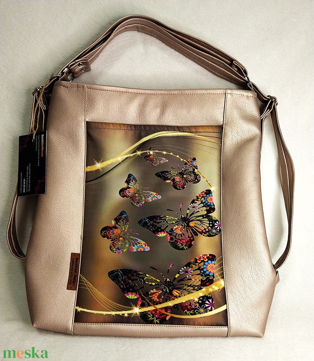 Pillangók/halvány rose gold ökobőr variálható táska - táska & tok - neszesszer - Meska.hu