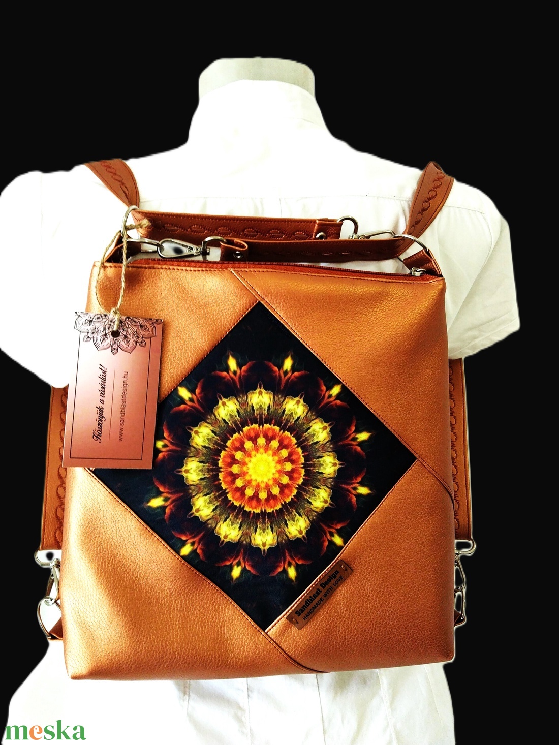 Variálható metál fényű kék ökóbőr mandala motívumos kis táska - táska & tok - variálható táska - Meska.hu