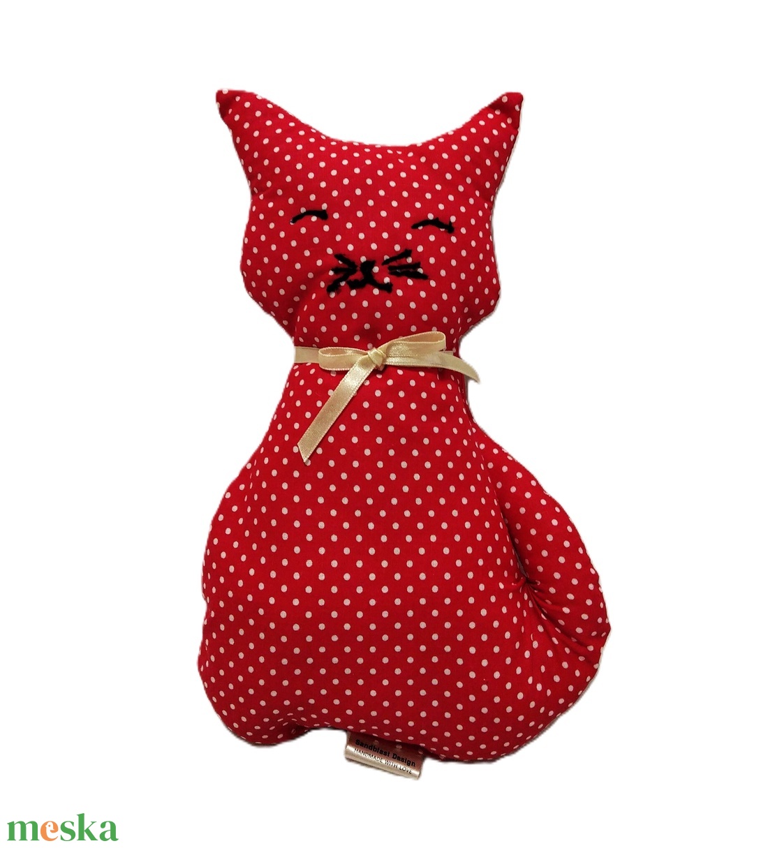  Textil  piros  pöttyös cica � puha, ölelni való társ - baba - mama - baba játékok - szundikendő, alvóka - Meska.hu