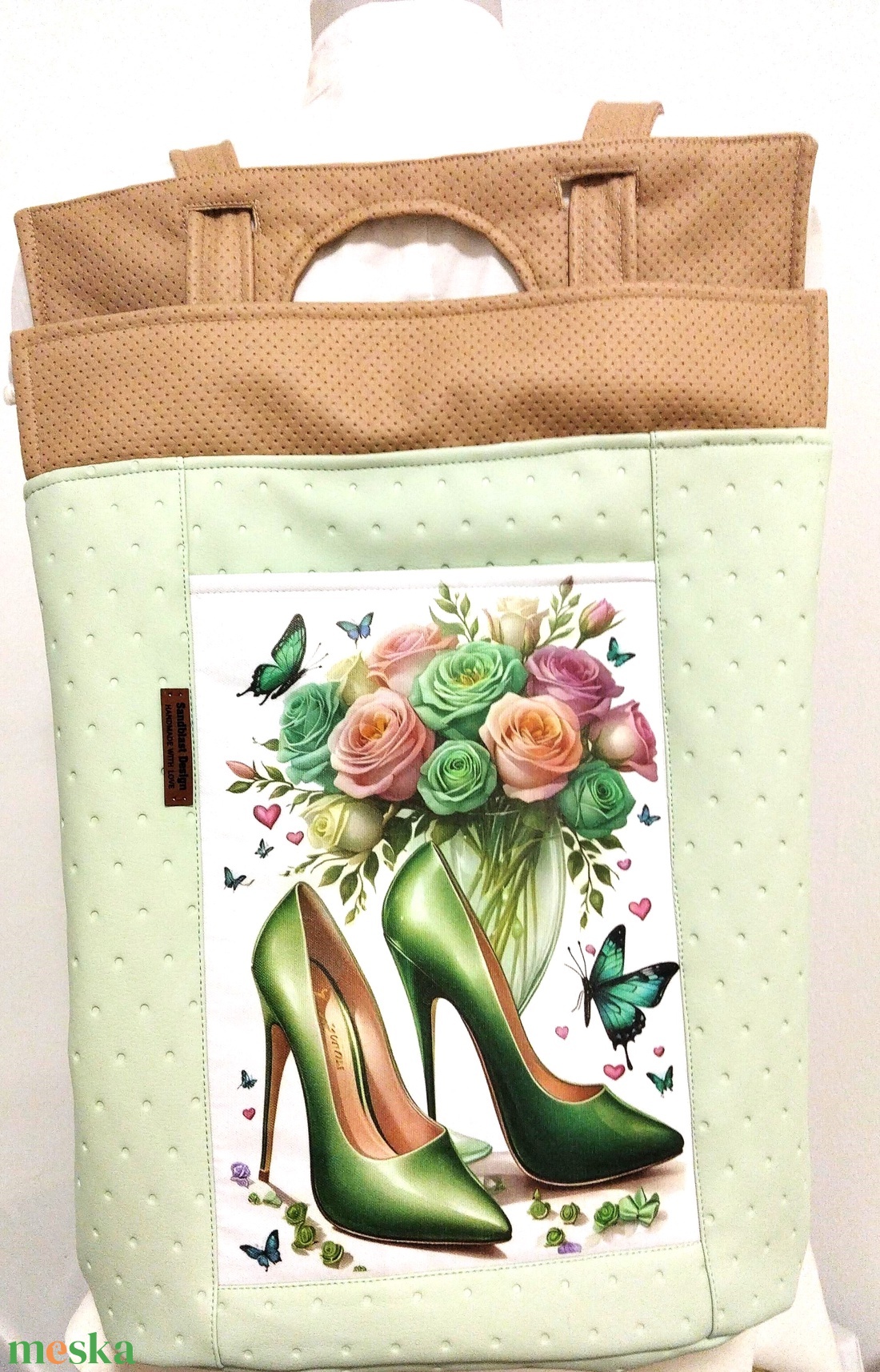 Pasztell zöld kézitáska és hátizsák rózsák/ cipellők - táska & tok - kézitáska & válltáska - kézitáska - Meska.hu