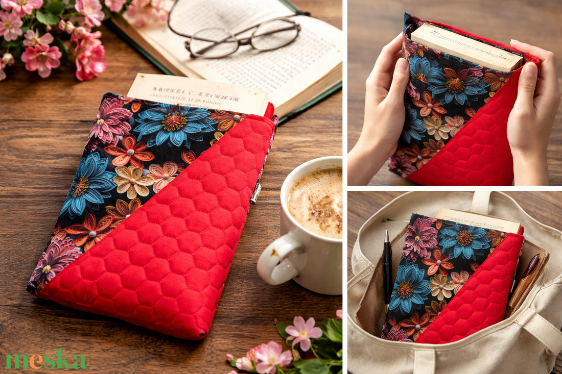 Qulling virágok/piros steppelt gyöngyvászon-Könyvtok/tablet-tok csomag - könyv & zene - könyvtok - Meska.hu