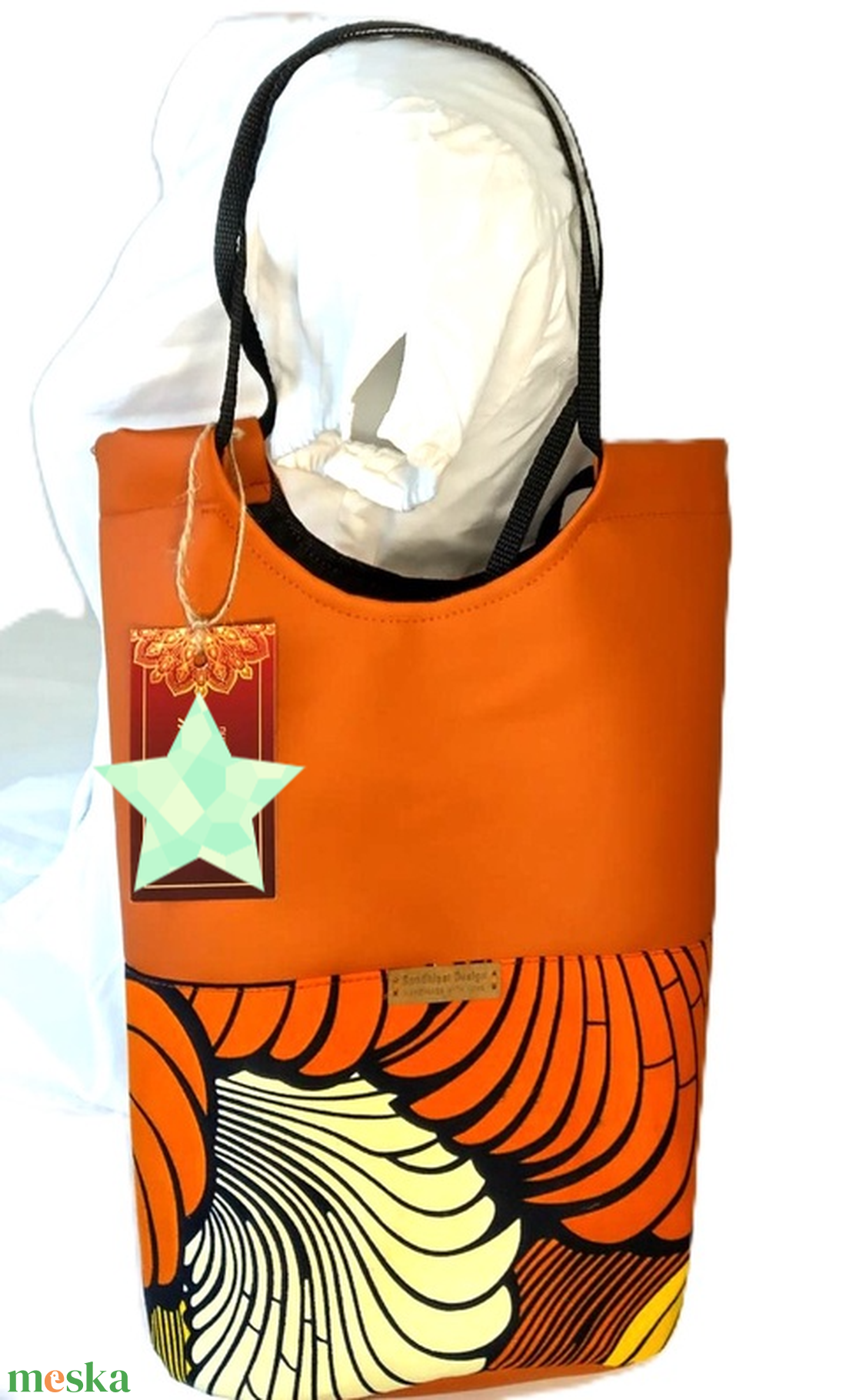 Narancs levél motívumos  afrikai pamutvászon/narancs műbőr shopper szett  - táska & tok - variálható táska - Meska.hu
