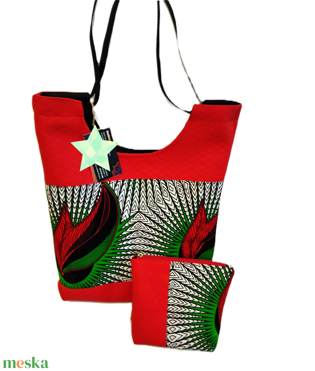 Tűzpiros afrikai pamutvászon/steppelt műbör shopper szett  - táska & tok - variálható táska - Meska.hu