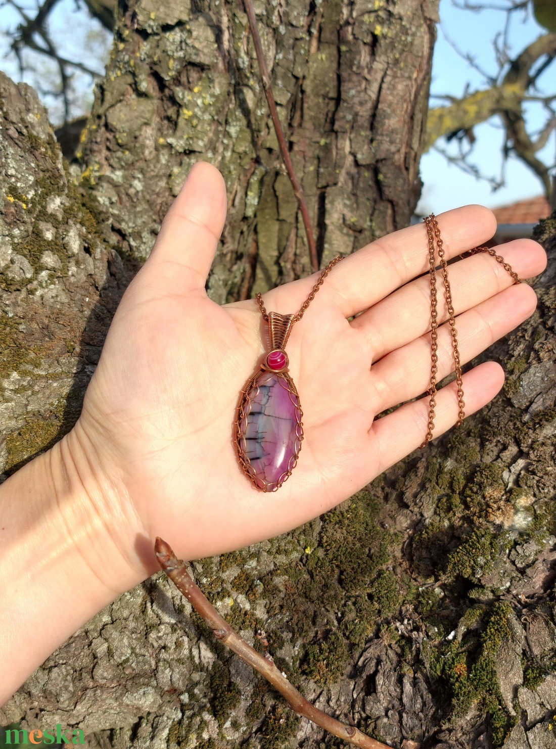 Rózsaszín achát nyaklánc - ékszer - nyaklánc - medálos nyaklánc - Meska.hu