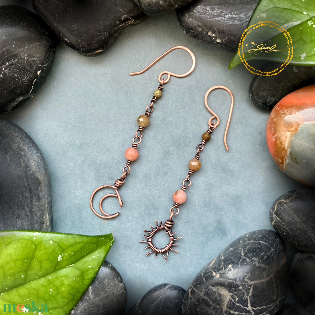 SaraZ // Eclipse Soul fülbevaló cseresznyevirág jáspissal és indiai acháttal - ékszer - fülbevaló - lógó fülbevaló - Meska.hu