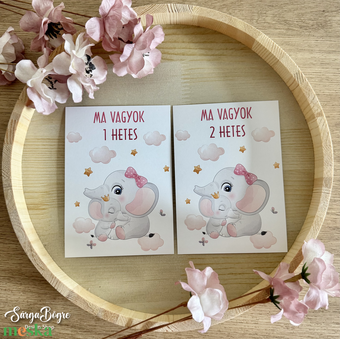Rózsaszín elefántos hónapkártya és mérföldkő kártya 21db - baba - mama - babafotózás - baba mérföldkő kártyák - Meska.hu