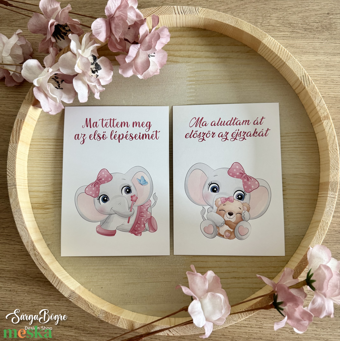 Rózsaszín elefántos hónapkártya és mérföldkő kártya 21db - baba - mama - babafotózás - baba mérföldkő kártyák - Meska.hu