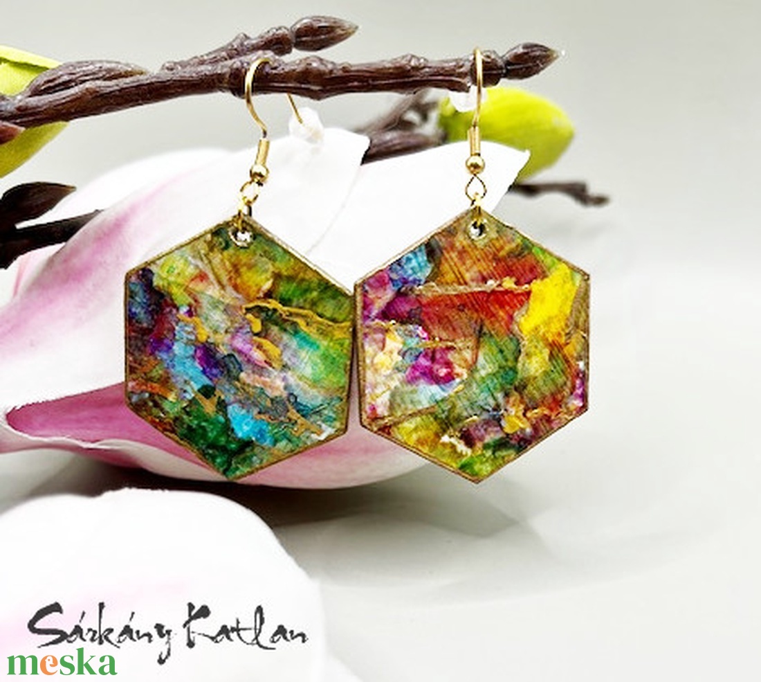 Színkavalkád méhsejt fülbevaló - ékszer - fülbevaló - lógó fülbevaló - Meska.hu