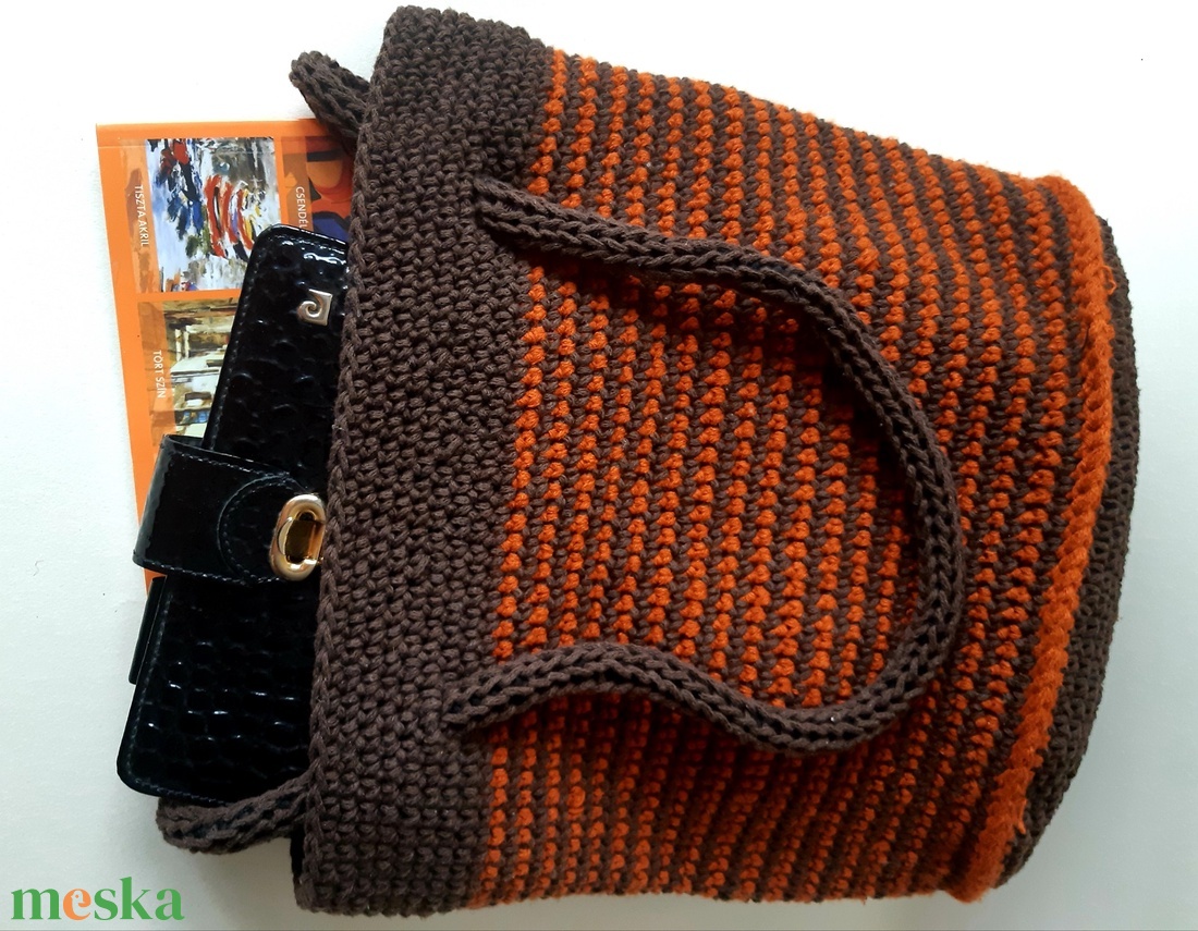 Barna-narancs horgolt táska - hand made, recycling - táska & tok - kézitáska & válltáska - kézitáska - Meska.hu