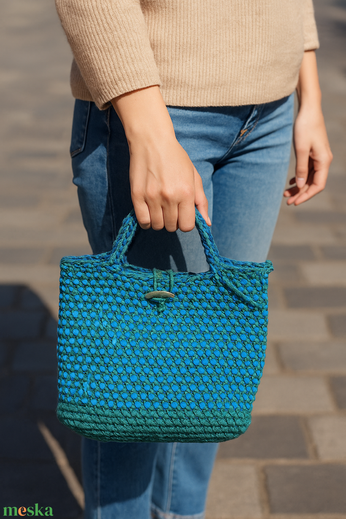 Különleges kék-zöld upcycling horgolt táska - táska & tok - kézitáska & válltáska - kézitáska - Meska.hu