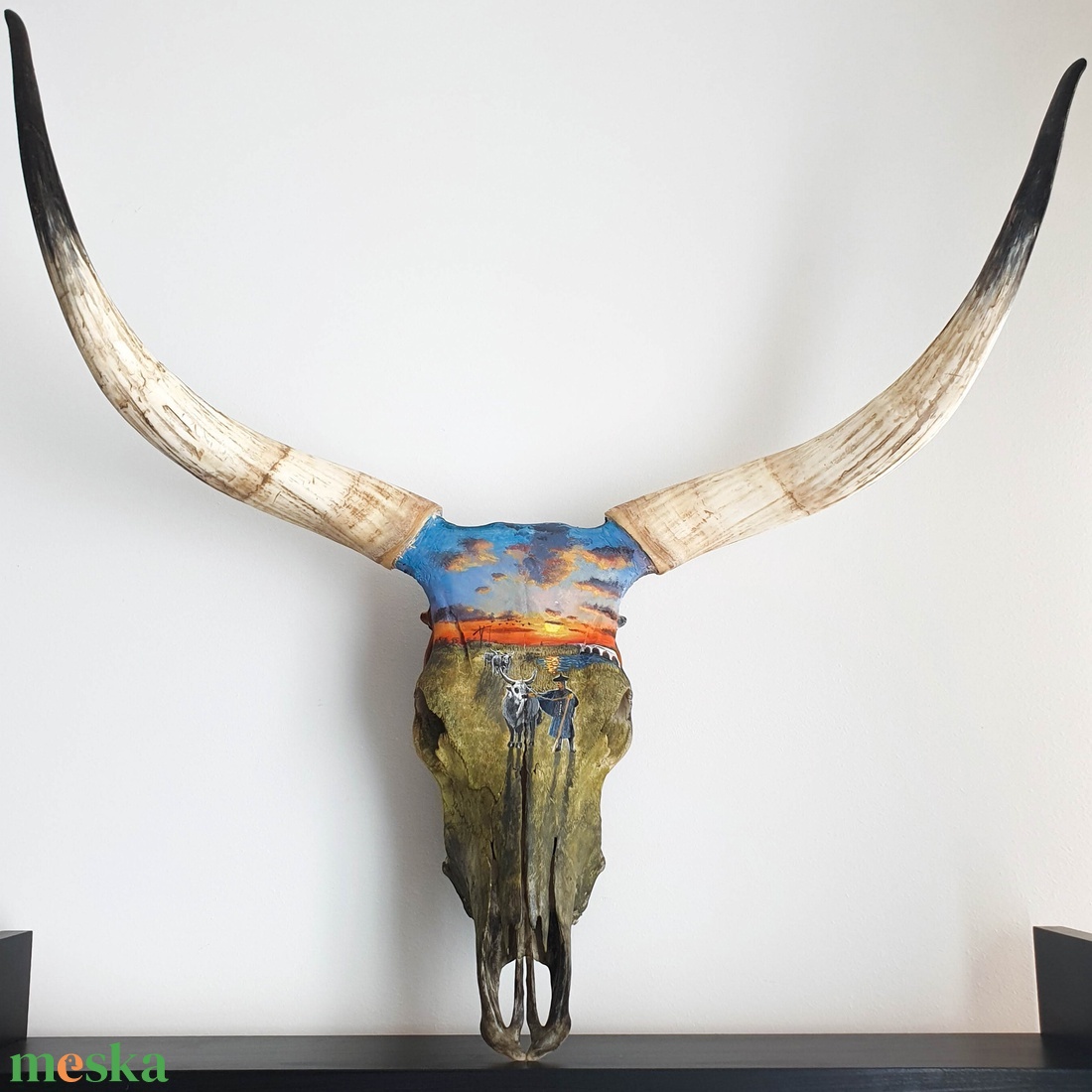 Szürkemarha koponya/trófea kézzel festett horotbágyi naplemente festménnyel - művészet - más művészeti ág - Meska.hu