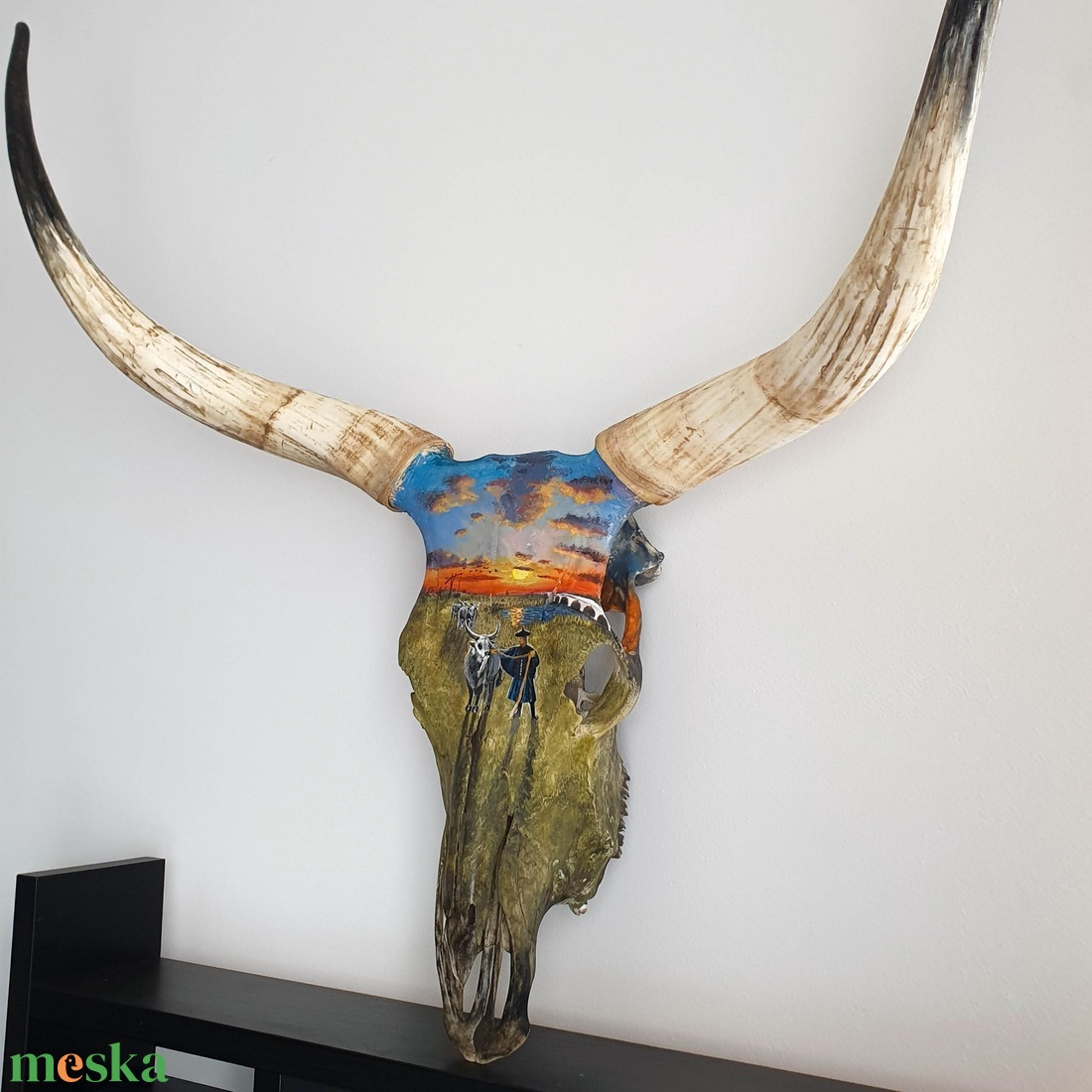 Szürkemarha koponya/trófea kézzel festett horotbágyi naplemente festménnyel - művészet - más művészeti ág - Meska.hu