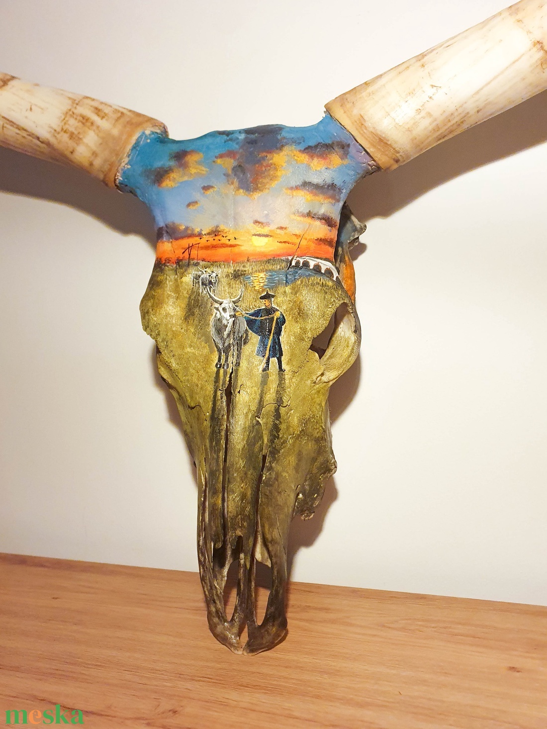 Szürkemarha koponya/trófea kézzel festett horotbágyi naplemente festménnyel - művészet - más művészeti ág - Meska.hu