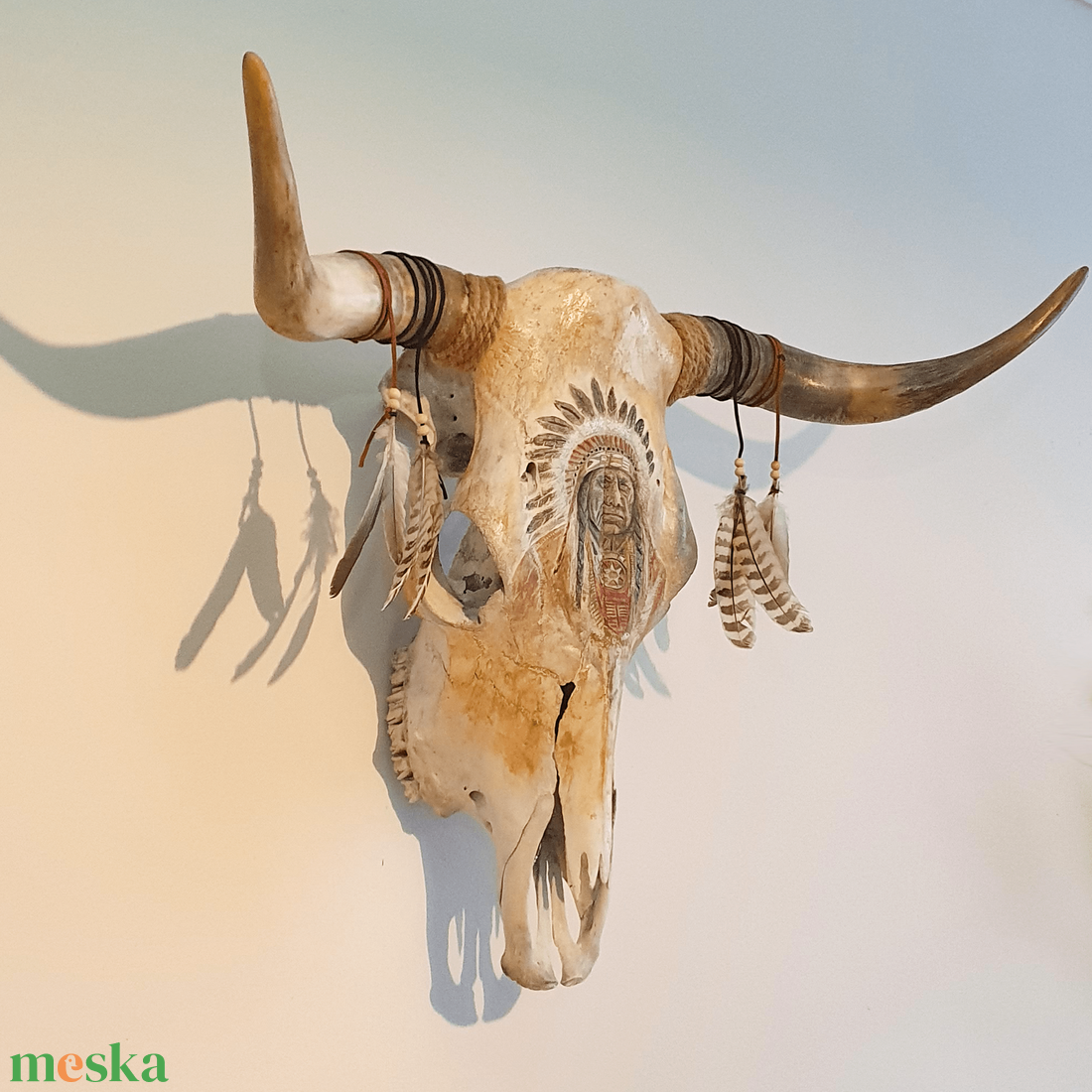 SavageSkullz Valódi tehén bika trófeára/koponyára dekorált indián arckép, kézzel festve és gravírozva - otthon & életmód - dekoráció - fali és függő dekoráció - falra akasztható dekor - Meska.hu