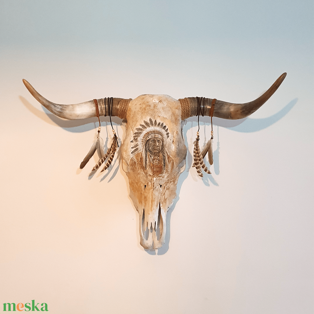 SavageSkullz Valódi tehén bika trófeára/koponyára dekorált indián arckép, kézzel festve és gravírozva - otthon & életmód - dekoráció - fali és függő dekoráció - falra akasztható dekor - Meska.hu