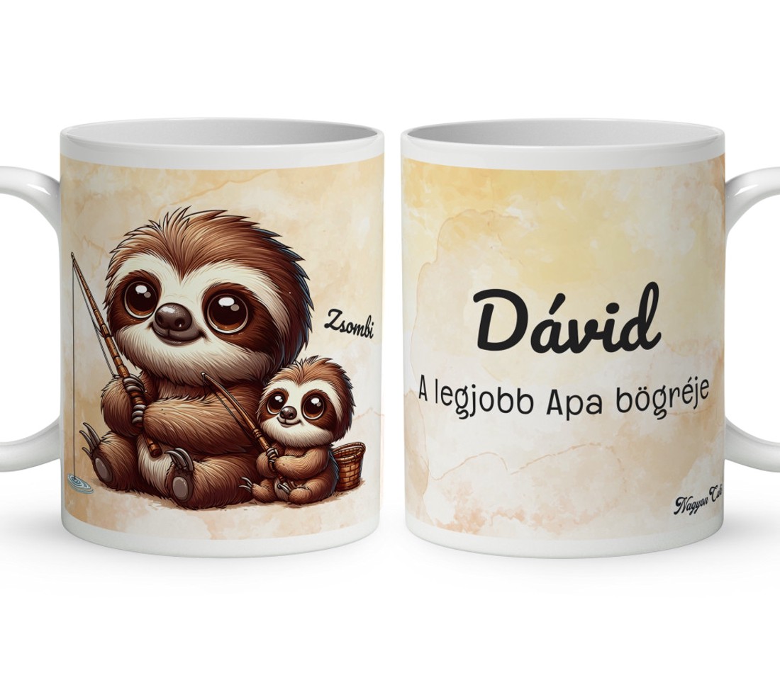 Névvel kérhető - Cuki lajhár Apa és gyermeke horgásznak mintás bögre - otthon & életmód - konyhafelszerelés, tálalás - tálalás - bögre & csésze - Meska.hu