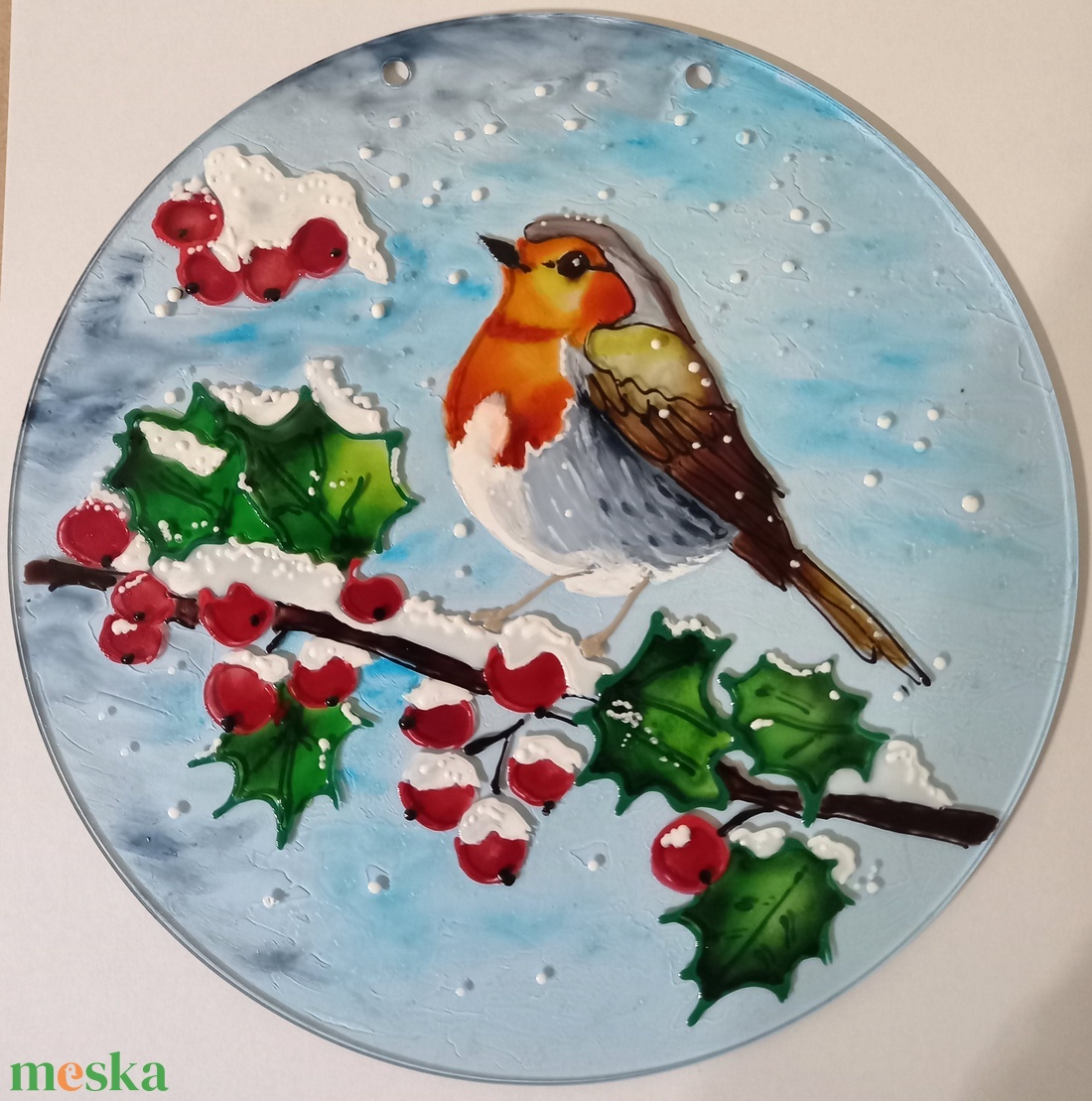 Vörösbegy havas ágon üvegfestmény - művészet - festmény - üvegfestmény - Meska.hu