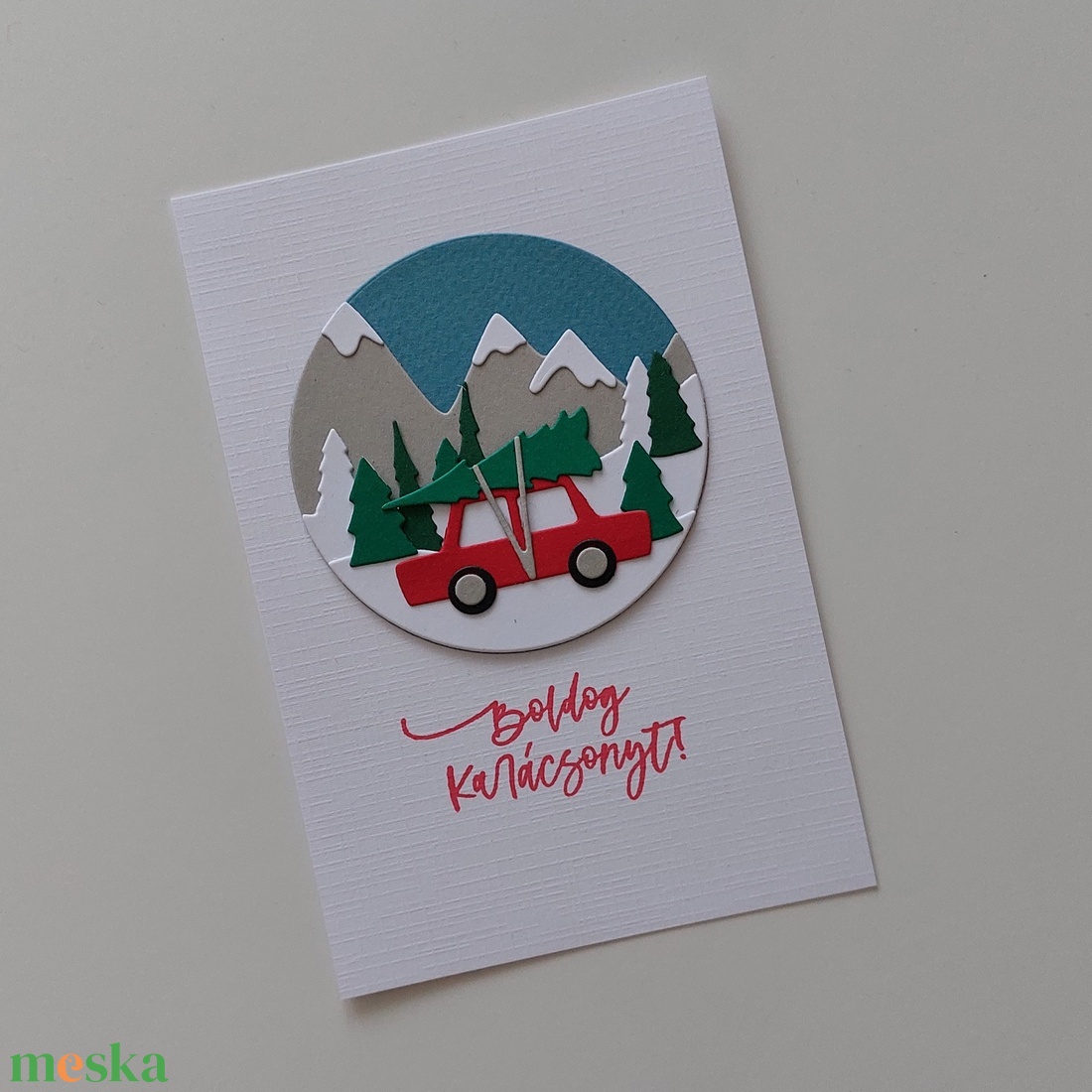 Piros autós karácsonyi képeslap - karácsony - karácsonyi ajándékozás - karácsonyi képeslap, üdvözlőlap, ajándékkísérő - Meska.hu