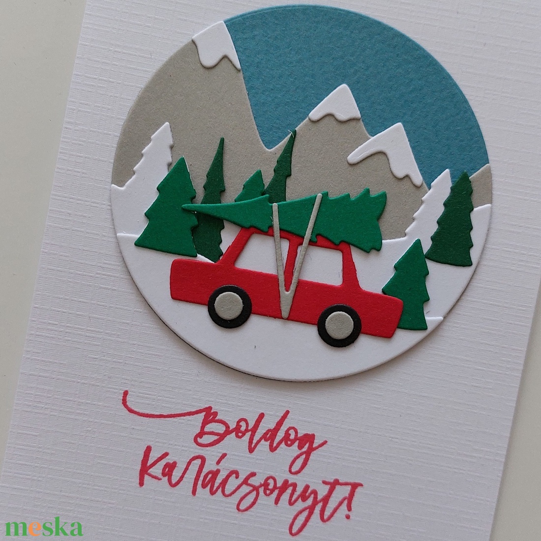 Piros autós karácsonyi képeslap - karácsony - karácsonyi ajándékozás - karácsonyi képeslap, üdvözlőlap, ajándékkísérő - Meska.hu