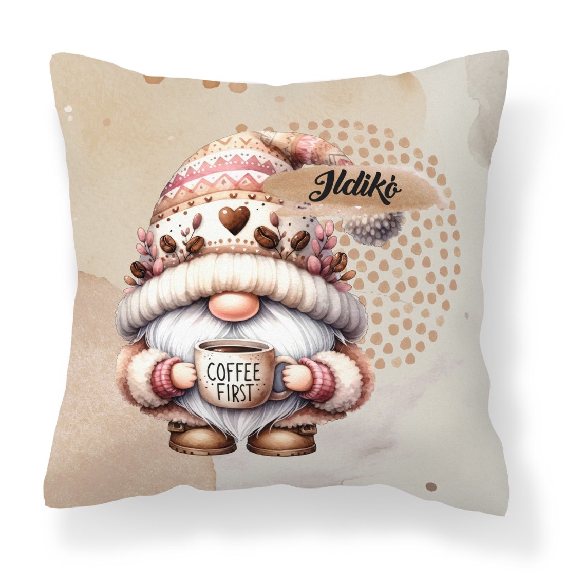 Névvel kérhető kávés manó - Előbb a kávét mintás párna - otthon & életmód - lakástextil - párna & párnahuzat - díszpárna (belsővel együtt) - Meska.hu