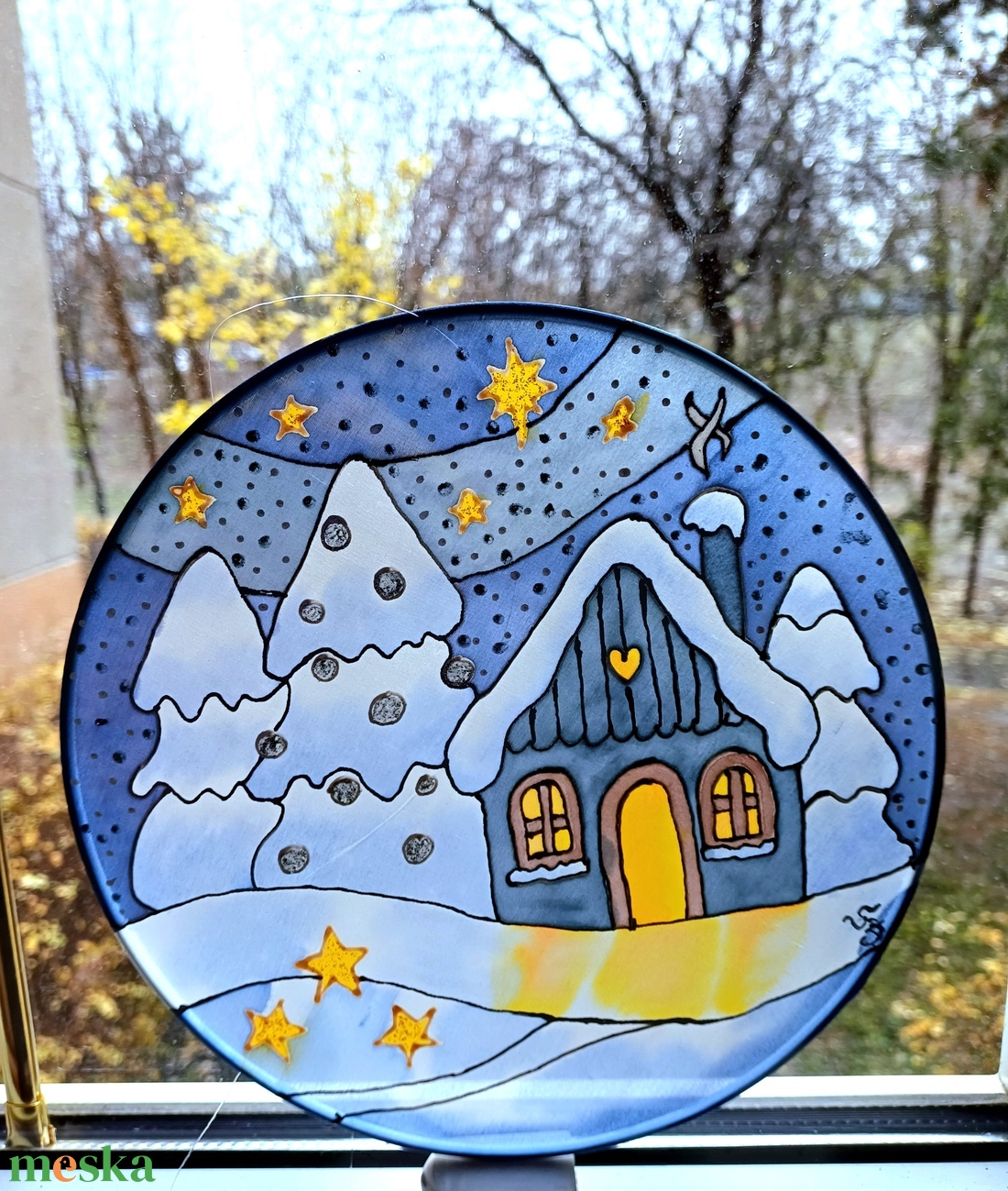 Karácsonyi havas házikó selyem ablakkép mandala - karácsony - adventi díszek - adventi ablakdekoráció - Meska.hu